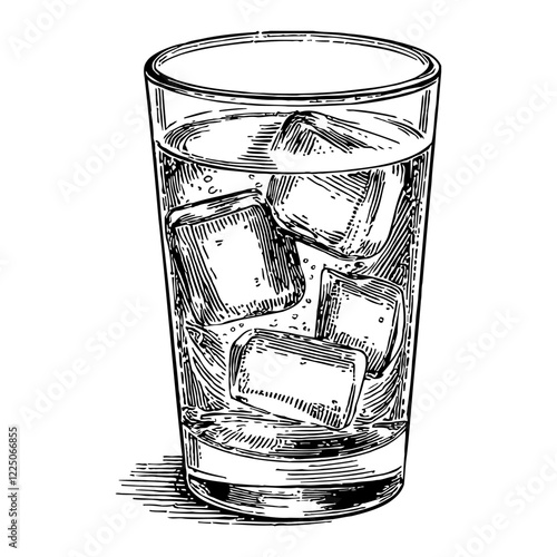 Water with Ice Cubes in Glass Detailed Black and White Outline Line Art Drawing