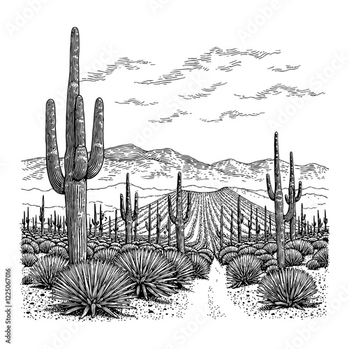 Wide Agave Field Landscape with Cactus in Detailed Black and White Outline Line Art Drawing