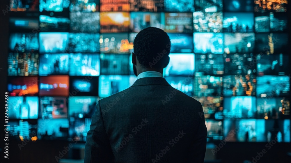 In a dimly lit room, a businessman stands captivated by a vast array of screens showcasing dynamic visuals In a dimly lit room, a businessman stands captivated by a vast array of screens showcasing dynamic visuals