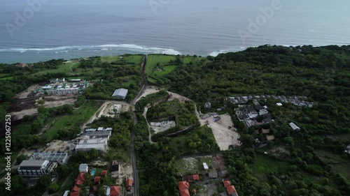 Aerial view on canyon in Pandawa beach. Drone shoot of famous and beautiful place in Bali. 