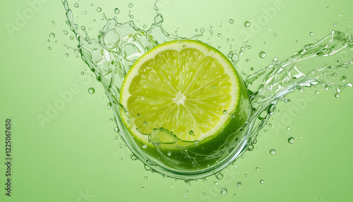 A vibrant green lime fruit falling into water, capturing a refreshing summer splash