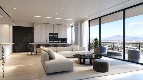 Wallpaper Mural Modern hotel living area with a spacious design, featuring a sectional couch and large windows with mountain views Torontodigital.ca