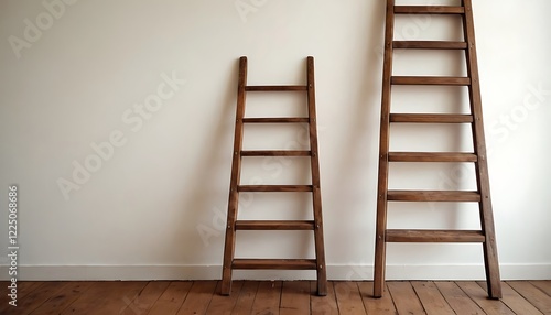 wooden ladder on white wall with vintage wooden floor,painter house concept, wooden ladder, bucket, and white wall,ladder, motivation, no people, photography, simplicity,5678 photo