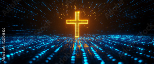 Glowing golden cross amidst a digital blue background with particle light trails, symbolizing faith, spirituality, and the fusion of technology with religion. photo