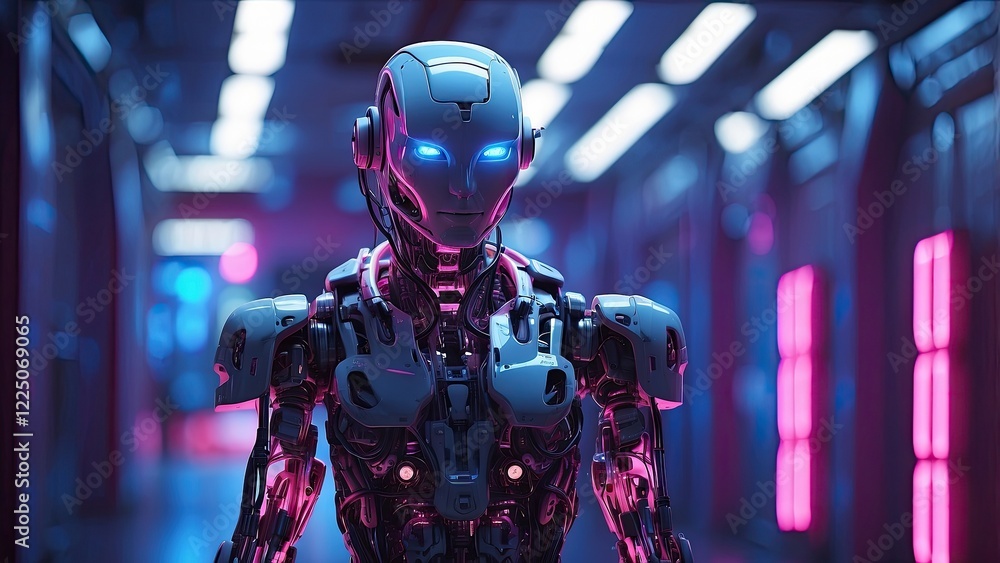 A futuristic robotic figure with a digital A futuristic robotic figure with a digital