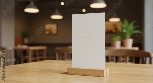 A minimalistic menu display featuring a blank white card held upright by a wooden stand on a light wooden table