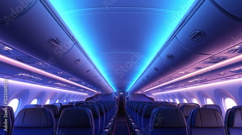 Empty airplane cabin with purple lighting, overhead bins and seats visible. Ideal for travel, airline, or aviation related projects. photo