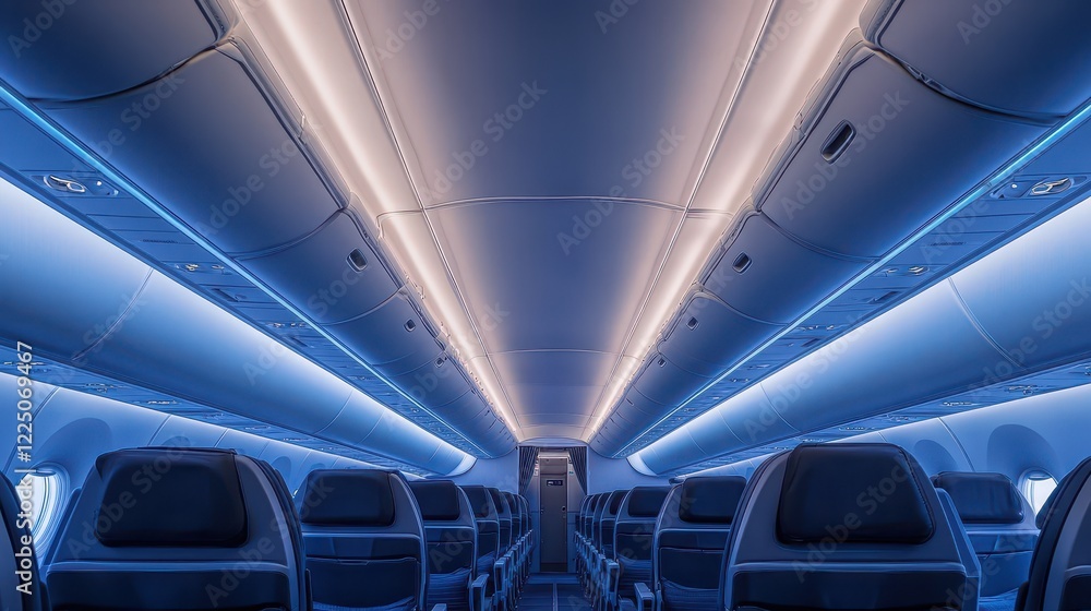 Obraz premium Empty airplane cabin with blue LED lights. Perfect for travel, airline, or aviation concepts.