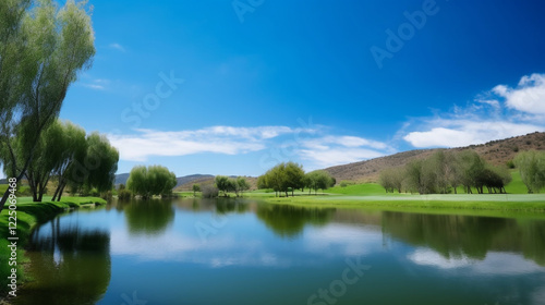 Serene Lakeside Golf Course Landscape Scenic Summer Day Green Trees Blue Sky View Calm Park Water   