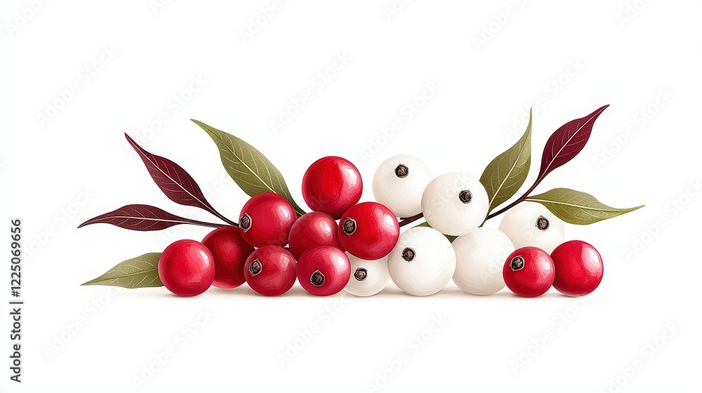 Obraz premium Fresh Red and White Berries with Green Leaves Arranged on a Clean White Background