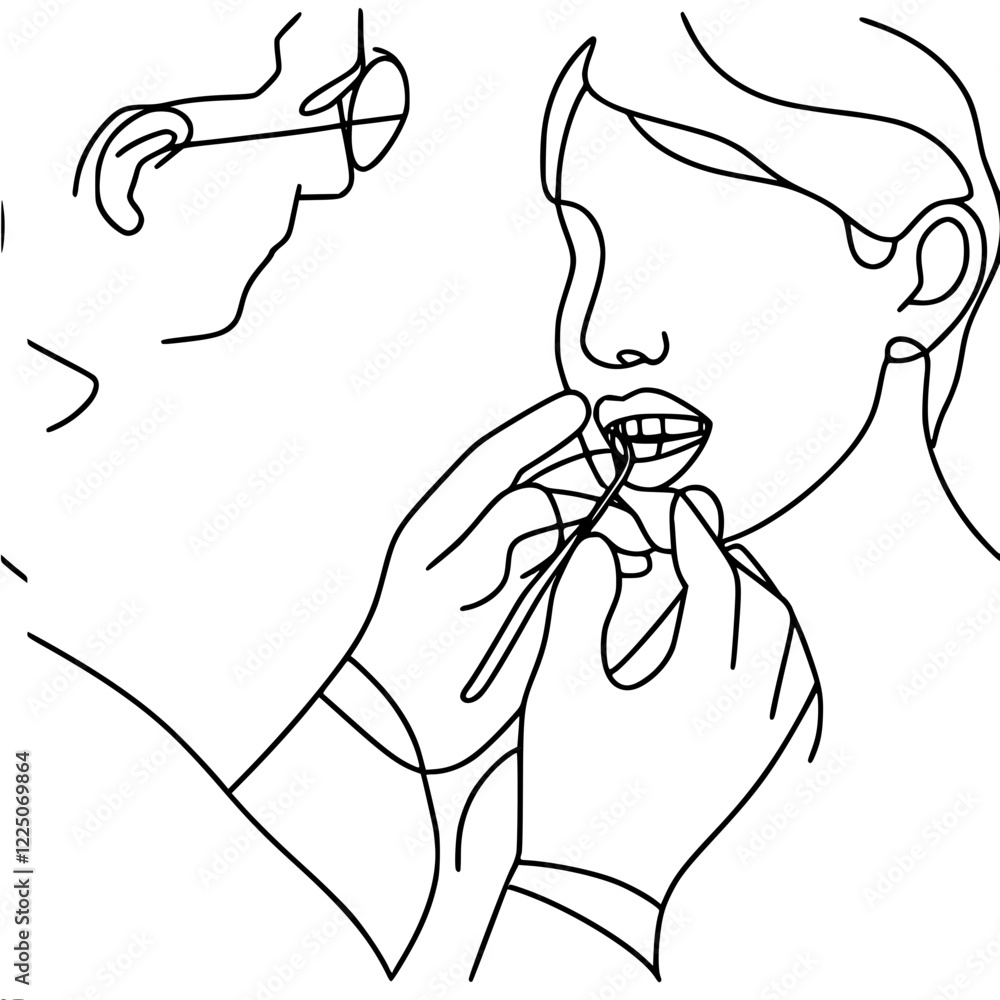 Obraz premium Girl with open mouth with braces being examined by a dentist. Suitable for dental and orthodontic topics. Single line simple outline