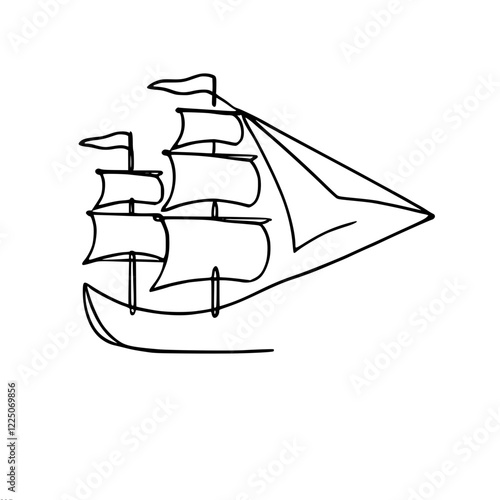 Minimalistic vector simple outline drawing of a sailing ship with three masts and sails of different shapes. Suitable for nautical and historical themes.