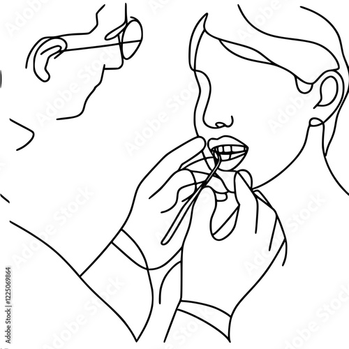 Girl with open mouth with braces being examined by a dentist. Suitable for dental and orthodontic topics. Single line simple outline