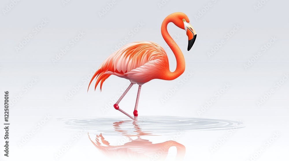 Fototapeta premium Vibrant Flamingo Gracefully Standing on Water with Reflections in Calm Waters