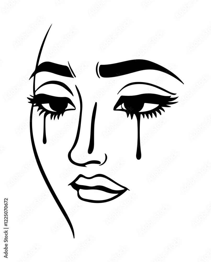 crying woman simple shape vector illustration, cry silhouette with woman face and tears vector black and white illustration