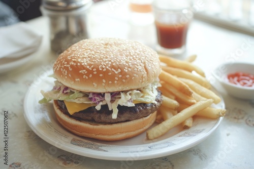 This classic sesame seed burger features a juicy beef patty nestled in a fluffy bun, accompanied by crispy fries, making it a timeless choice for burger lovers everywhere. photo