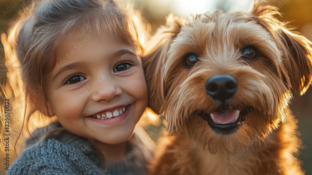 Happy girl cuddling dog, autumn park, sunset glow, pet adoption Happy girl cuddling dog, autumn park, sunset glow, pet adoption