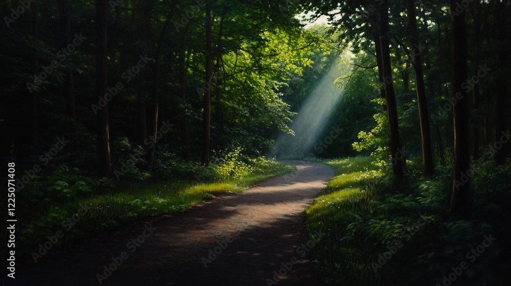 Obraz premium Sunbeams Illuminating a Forest Path