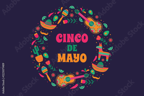 Cinco de Mayo - banner, poster, invitation. Round vector frame with guitar, maracas, flowers, cactus, sambrero, piñata. Holiday vector illustration.