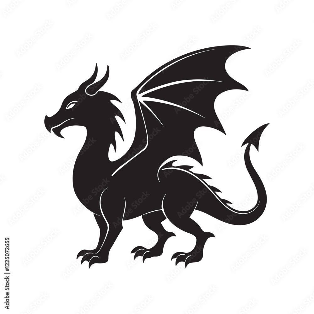 dragon silhouette, black and white silhouette, vector and illustration dragon silhouette, black and white silhouette, vector and illustration