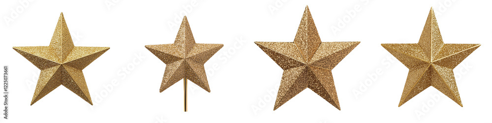 Shimmering glittering gold star shaped ornaments or sparkling against a plain white background creating a festive elegant and luxurious look perfect for Christmas holiday and seasonal decor Shimmering glittering gold star shaped ornaments or sparkling against a plain white background creating a festive elegant and luxurious look perfect for Christmas holiday and seasonal decor