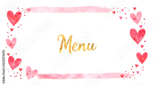 Romantic watercolor heart menu template with soft pink and red tones, perfect for Valentine's Day dinners, weddings, or special love-themed events. Selective focus