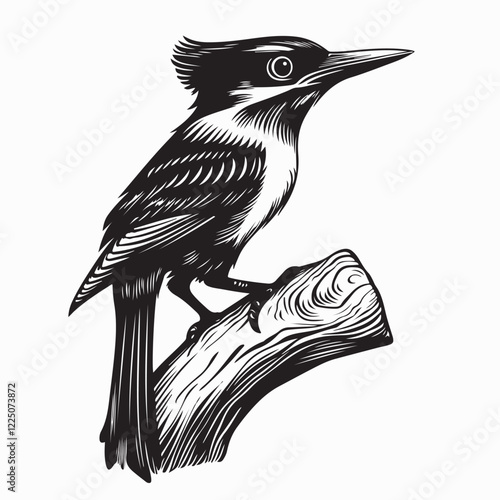 Belted Kingfisher Bird Sitting On Tree Branch image vector isolated on white background.