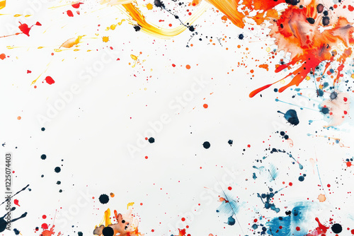 close up horizontal abstract illustration of colorful splashes and drops of paint over a white background