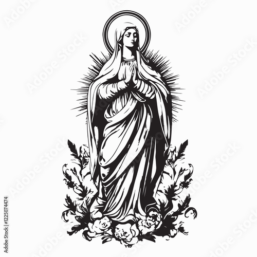 Holy Maria Vectors image. Black and white Holy Maria illustration on white background.