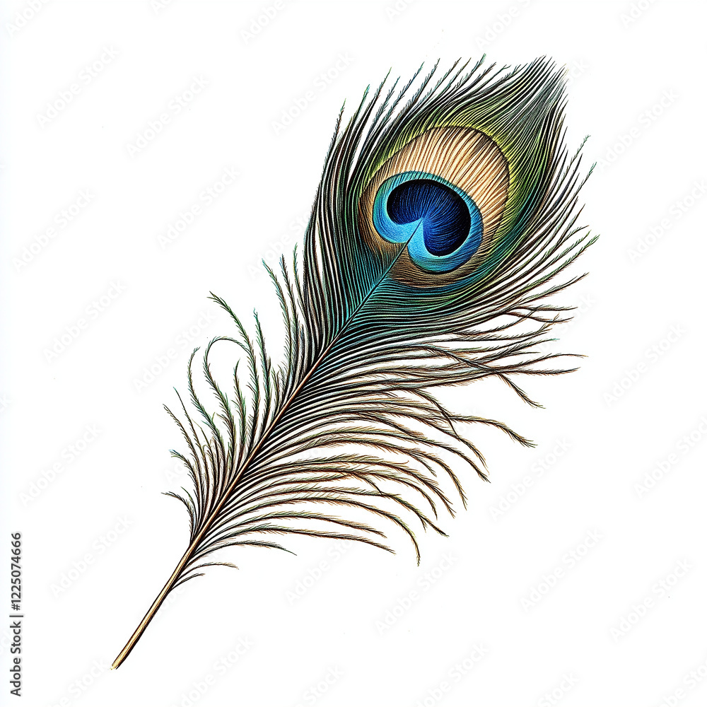 Obraz premium Colorful peacock feather with intricate patterns and vibrant hues displayed on a plain background