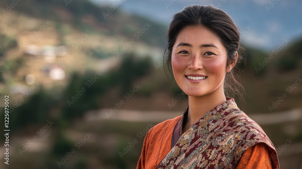 Close-Up Portrait of a Smiling Bhutanese Woman in Traditional Attire Close-Up Portrait of a Smiling Bhutanese Woman in Traditional Attire