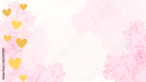 Romantic pastel pink watercolor texture with suspended golden hearts, ideal for Valentine's Day cards, anniversary celebrations, and dreamy social media graphics. Selective focus
