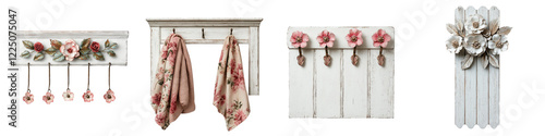 Beautifully Crafted Farmhouse Style Wall Decor Featuring Vintage Floral Textile Hangings Rustic Wooden Organizers and Charming Accessory Accents for a Cozy Romantic Home Interior Design photo