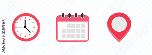 Time, date and address icon set. Clock, calendar, location pin. Vector illustration.