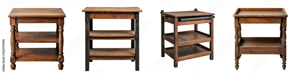 Assortment of various wooden furniture pieces and shelving units in rustic industrial and contemporary styles showcasing different designs sizes and for home office or workshop settings