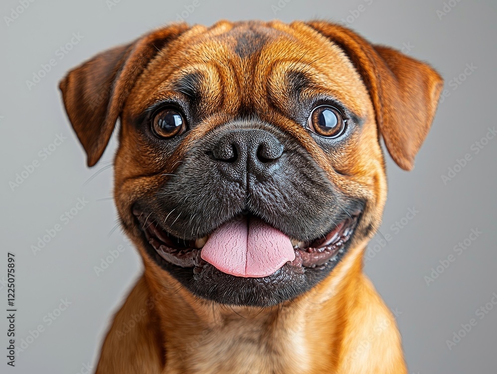 Adorable Chubby Pug Dog Sitting Proudly with Tongue Lolling and Curled Tail on Clean White Background Adorable Chubby Pug Dog Sitting Proudly with Tongue Lolling and Curled Tail on Clean White Background