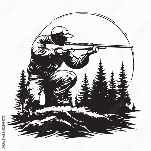Brave Hunter Holding a Rifle While Stalking in the Jungle Vector