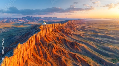 Aerial Landscape of Colorful Canyons and the Glorious Tsagaan Suvarga at Sunrise in Mongolia photo