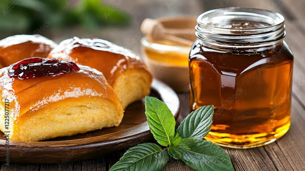 Freshly baked pastries topped with fruit preserve and served with a jar of golden honey create a cozy culinary moment Freshly baked pastries topped with fruit preserve and served with a jar of golden honey create a cozy culinary moment