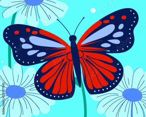   Una mariposa de tonos azules y rojos vuela sobre margaritas bajo un cielo azul. La combinación de colores crea una sensación de alegría y dinamismo.
