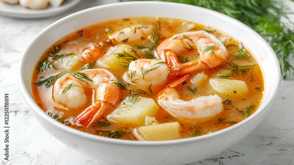 A bowl of comforting shrimp and potato soup, garnished with fresh dill. Perfect for a cozy meal. A bowl of comforting shrimp and potato soup, garnished with fresh dill. Perfect for a cozy meal.