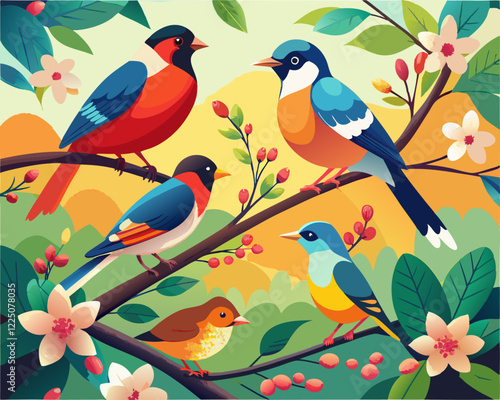   Cinco pájaros de diferentes colores descansan sobre ramas decoradas con flores y pequeñas bayas. La imagen irradia energía y vida primaveral.
