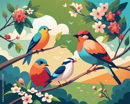   Un grupo de coloridos pájaros está posado en ramas llenas de flores. El cielo despejado y el ambiente primaveral transmiten alegría y vitalidad.
