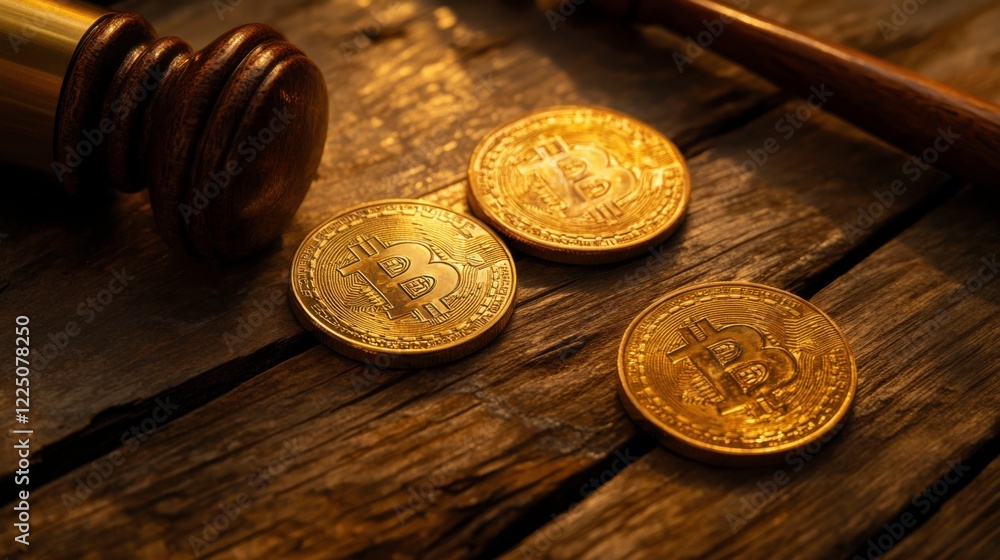 Golden Bitcoin Coins with Wooden Gavel on Rustic Wooden Surface