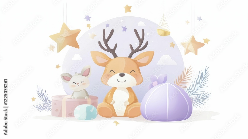 A cute cartoon deer with antlers sits beside a playful cat and colorful gifts, surrounded by stars and soft pastel colors. A cute cartoon deer with antlers sits beside a playful cat and colorful gifts, surrounded by stars and soft pastel colors.