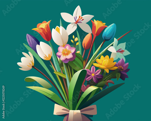   Un ramo vibrante de flores primaverales, incluyendo tulipanes, narcisos y lirios, está atado con una cinta. Los colores brillantes destacan sobre el fondo verde.
