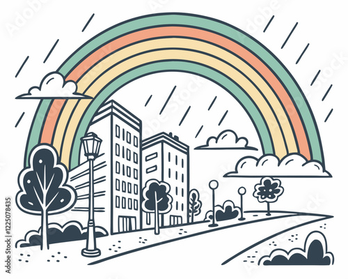  Una gran arcoíris aparece sobre una calle con edificios y árboles mientras caen gotas de lluvia. El paisaje urbano combina detalles minimalistas y colores suaves, evocando frescura y renovación.
