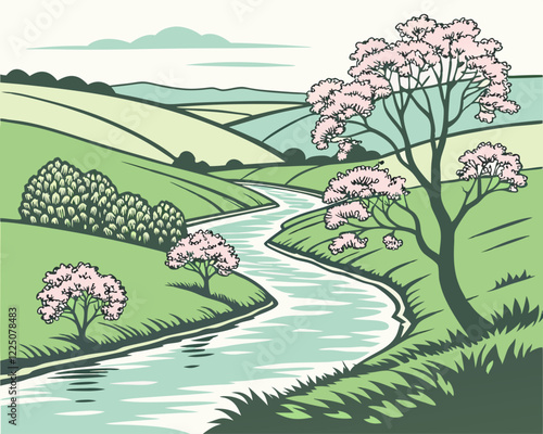  Un tranquilo río serpentea entre colinas verdes adornadas con árboles florecidos. El paisaje transmite calma y belleza primaveral.
