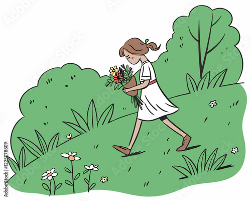  Una niña camina tranquilamente entre arbustos verdes sosteniendo un ramo de flores coloridas. La escena es serena y llena de tonos primaverales.
