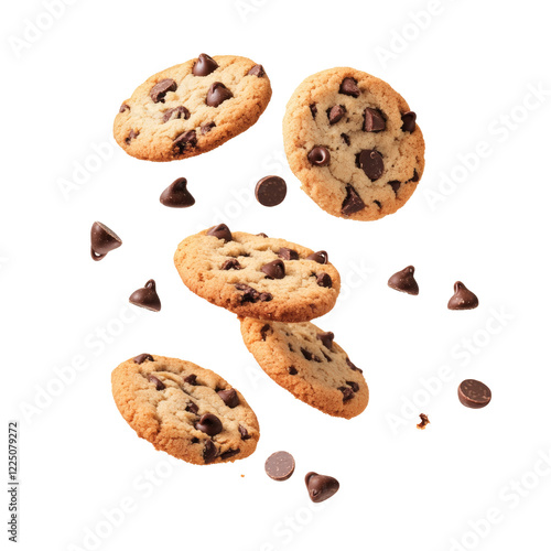 Floating Chocolate Chip Cookies Isolated on transparent Background